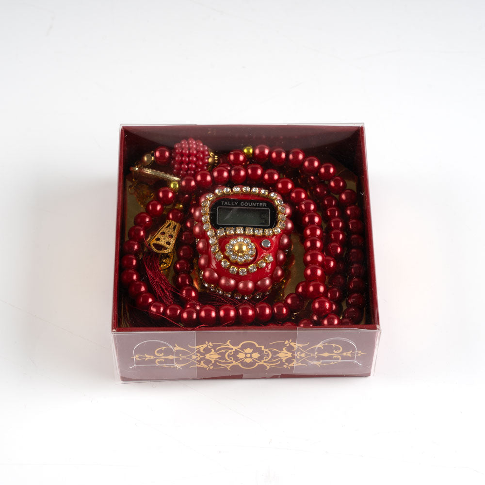 10 Adet Taşlı Zikirmatik+ Tesbih Hediye Seti (Bordo)