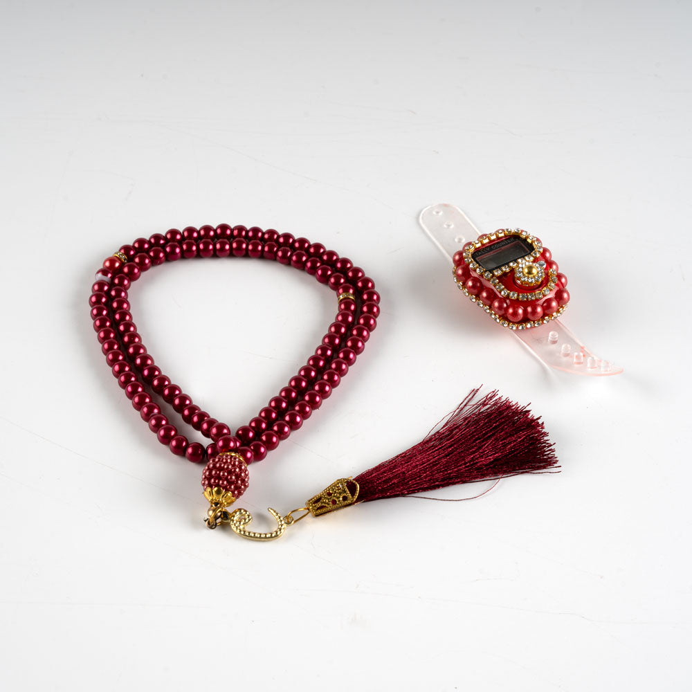 10 Adet Taşlı Zikirmatik+ Tesbih Hediye Seti (Bordo)