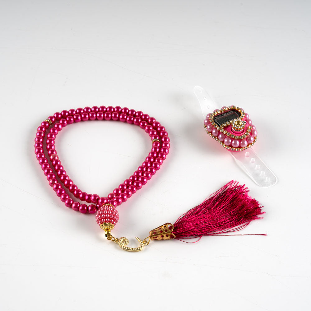 10 Adet Taşlı Zikirmatik+ Tesbih Hediye Seti Fuşya Pembe