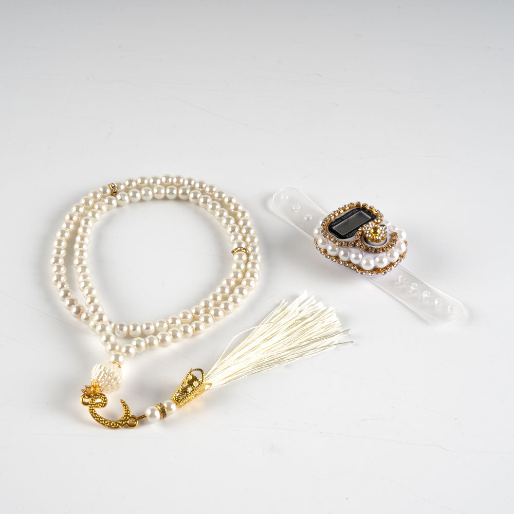 10 Adet Taşlı Zikirmatik+ Tesbih Hediye Seti Beyaz