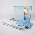 (Kadife Kutulu Kur’an-ı Kerim + Seccade + Namaz Örtüsü + Tespih + Ayraç) Bebe Mavi