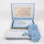 (Kadife Kutulu Kur’an-ı Kerim + Seccade + Namaz Örtüsü + Tespih + Ayraç) Bebe Mavi