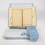 (Kadife Kutulu Kur’an-ı Kerim + Seccade + Namaz Örtüsü + Tespih + Ayraç) Bebe Mavi