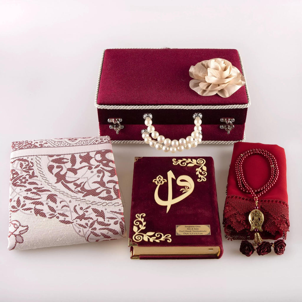 Kadife Çantalı Çeyiz Seti (Kur’an + Seccade + Namaz Örtüsü + Tespih) Bordo