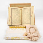 (Kadife Kutulu Kur’an-ı Kerim + Seccade + Namaz Örtüsü + Tespih + Ayraç) Gold