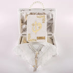 Kadife Çantalı Çeyiz Seti (Kur’an + Seccade + Namaz Örtüsü + Tespih) Beyaz