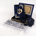 (Kadife Kutulu Kur’an-ı Kerim + Seccade + Namaz Örtüsü + Tespih + Ayraç) Lacivert