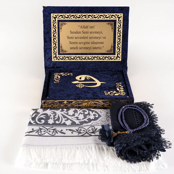 (Kadife Kutulu Kur’an-ı Kerim + Seccade + Namaz Örtüsü + Tespih + Ayraç) Lacivert