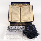 (Kadife Kutulu Kur’an-ı Kerim + Seccade + Namaz Örtüsü + Tespih + Ayraç) Lacivert