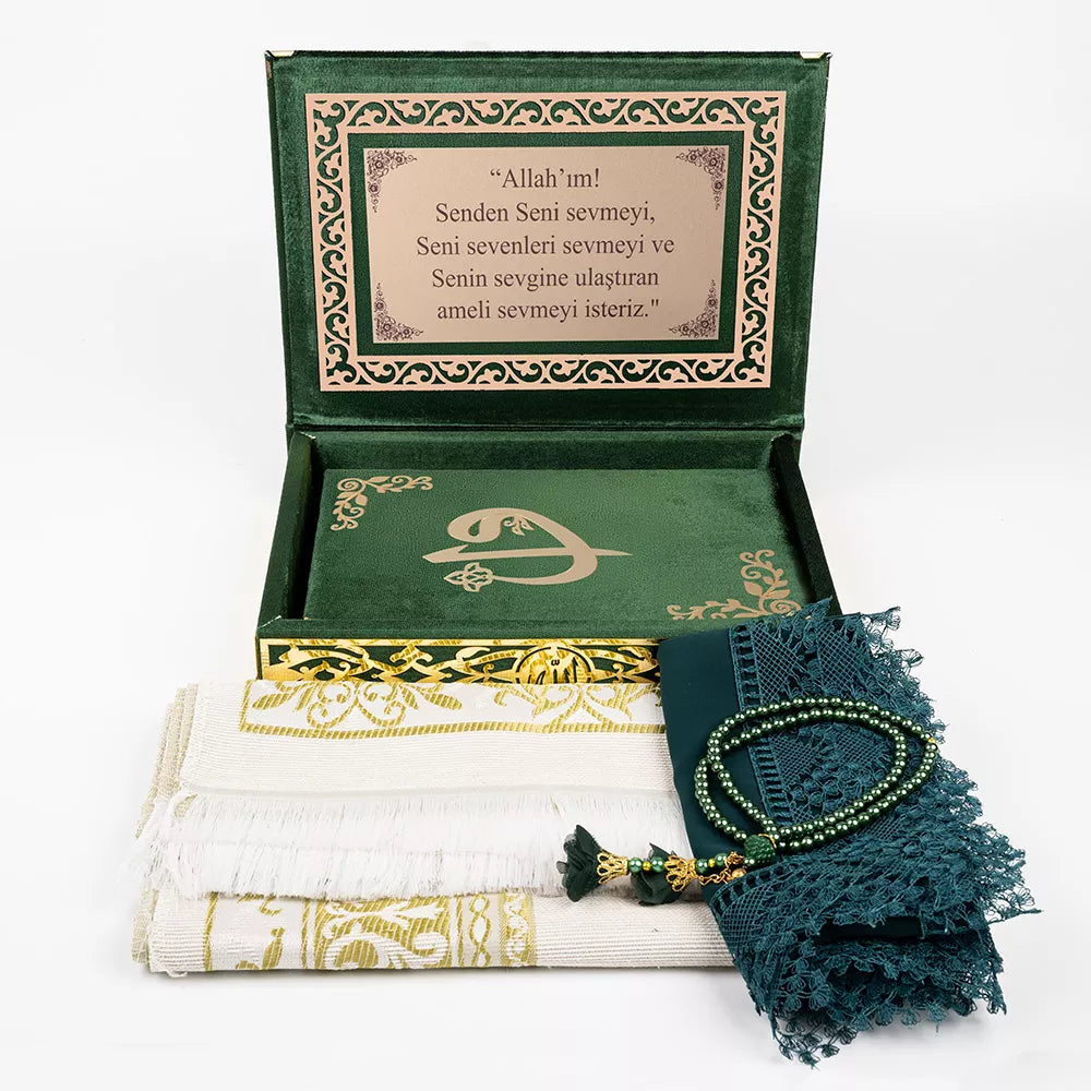 (Kadife Kutulu Kur’an-ı Kerim + Seccade + Namaz Örtüsü + Tespih + Ayraç) Yeşil