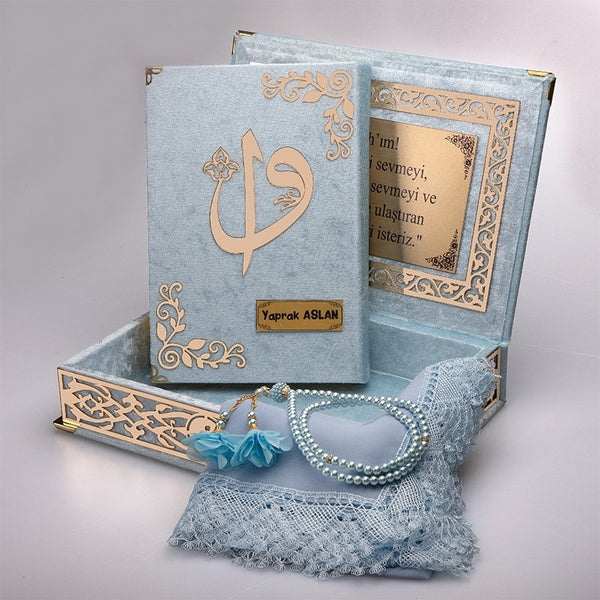 Kadife Kutulu Bebe Mavi Gold Süsleme Kur'an-ı Kerim