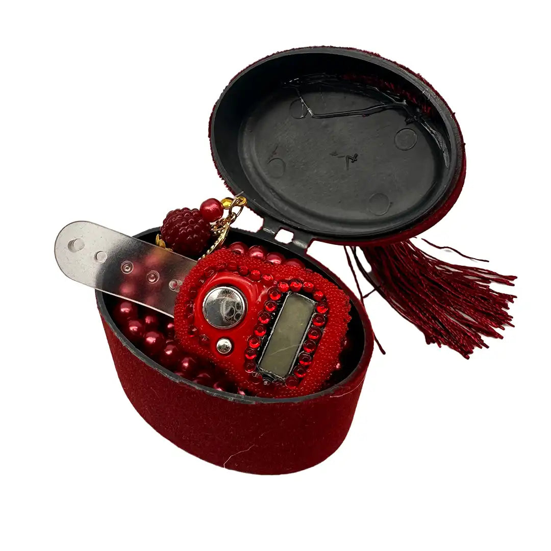 Kadife Kutulu Bordo Mavi Zikirmatik İnci Tespih Seti