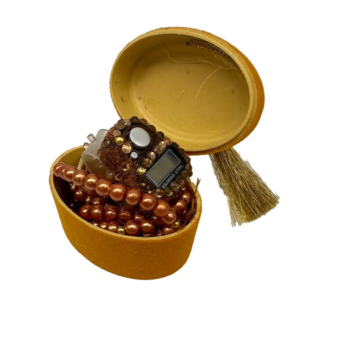 Kadife Kutulu Gold Mavi Zikirmatik İnci Tespih Seti