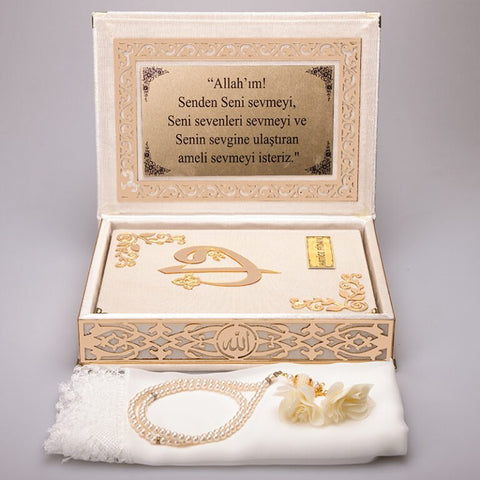 Kadife Kutulu Kur'an-ı Kerim Seti (Krem, Gold Süsleme)