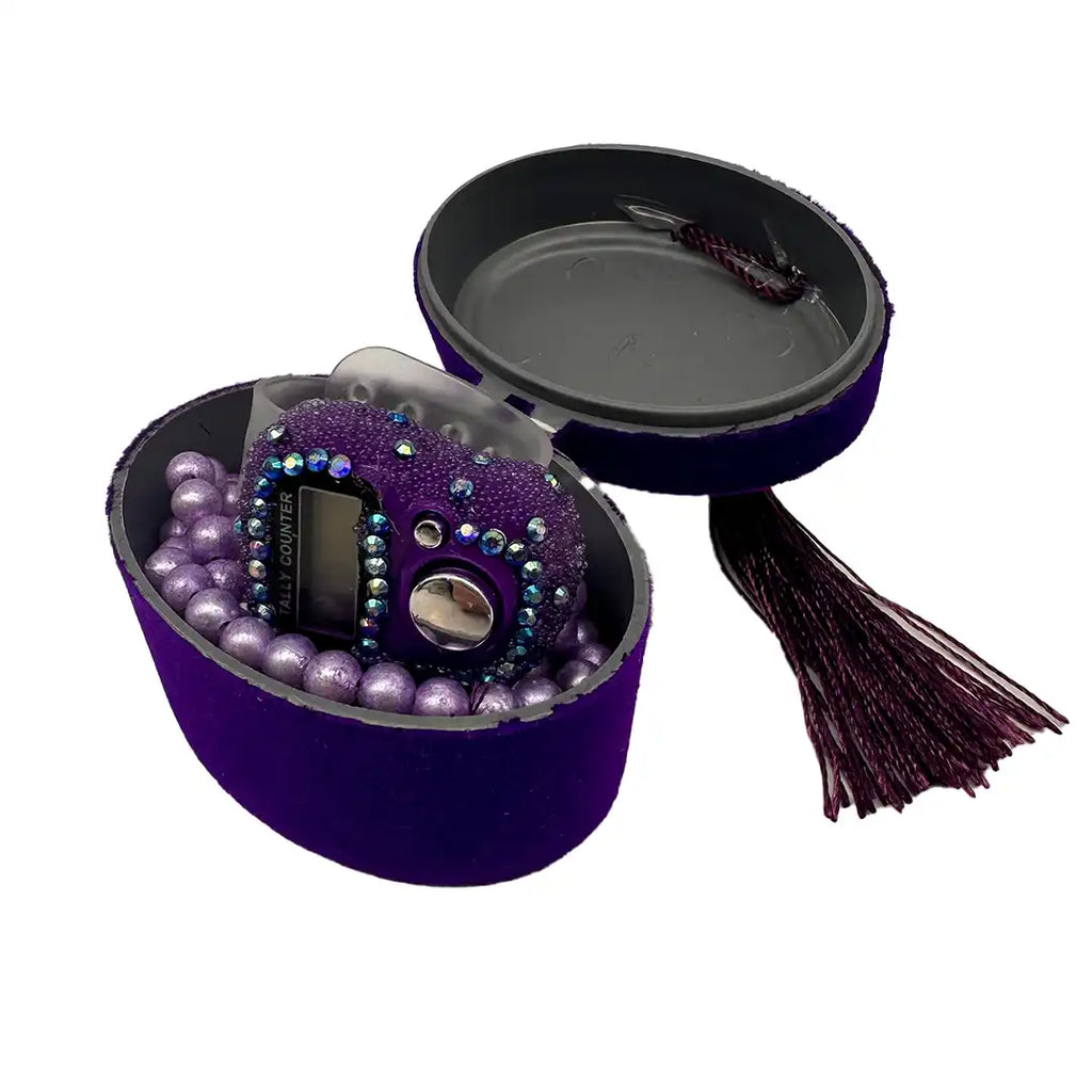 Kadife Kutulu Zikirmatik İnci Tespih Seti (Mor)