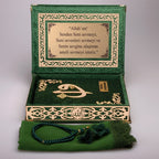 Kadife Kutulu Kur'an-ı Kerim Seti (Yeşil, Gold Süsleme)