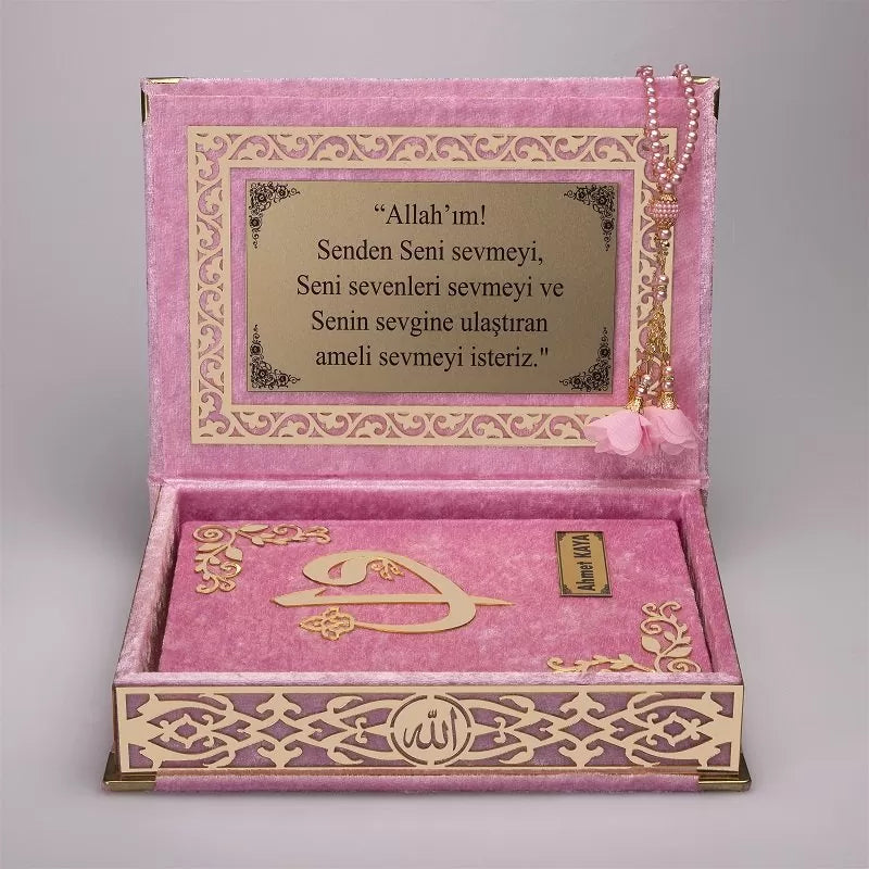 Kadife Kutulu Pembe Gold Süsleme Kur'an-ı Kerim