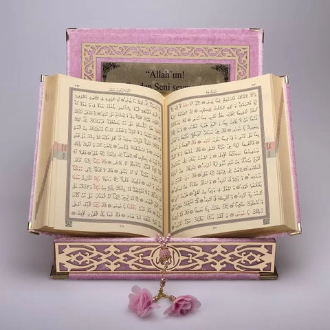 Kadife Kutulu Pembe Gold Süsleme Kur'an-ı Kerim