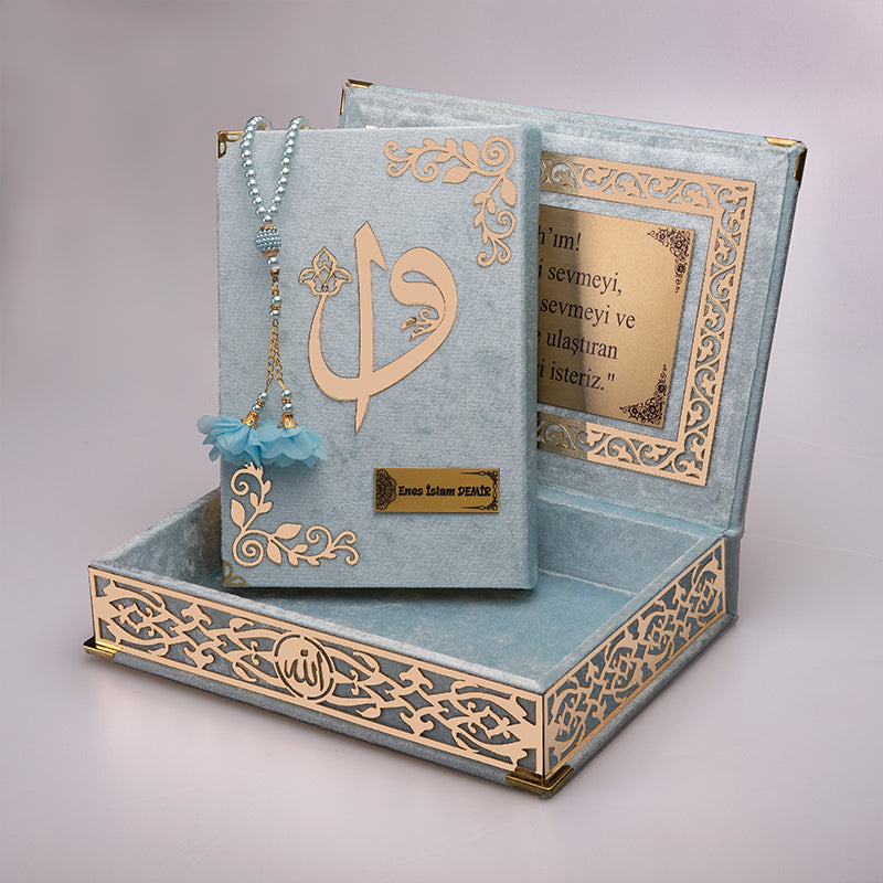 Kadife Ciltli Bebe Mavi Gold Süsleme Elif Vavlı Kur’an-ı Kerim