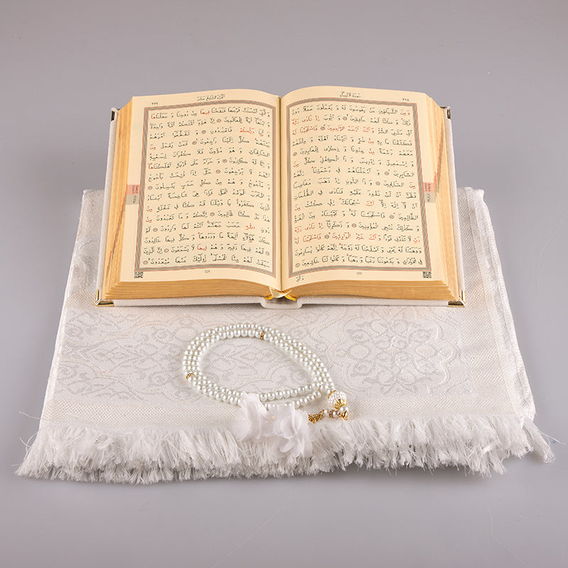 Asetat Kutulu Beyaz Kadife Kuran-ı Kerim Seti