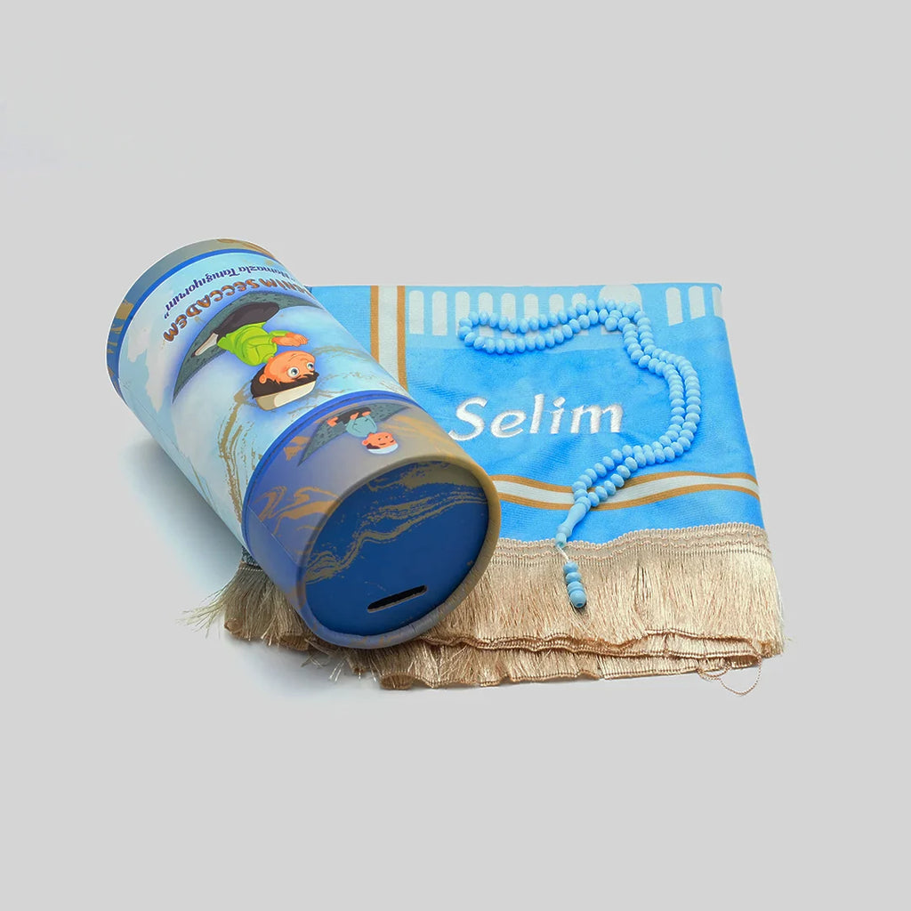 İsme Özel Erkek Silindir Kutu Çocuk Namaz Seti