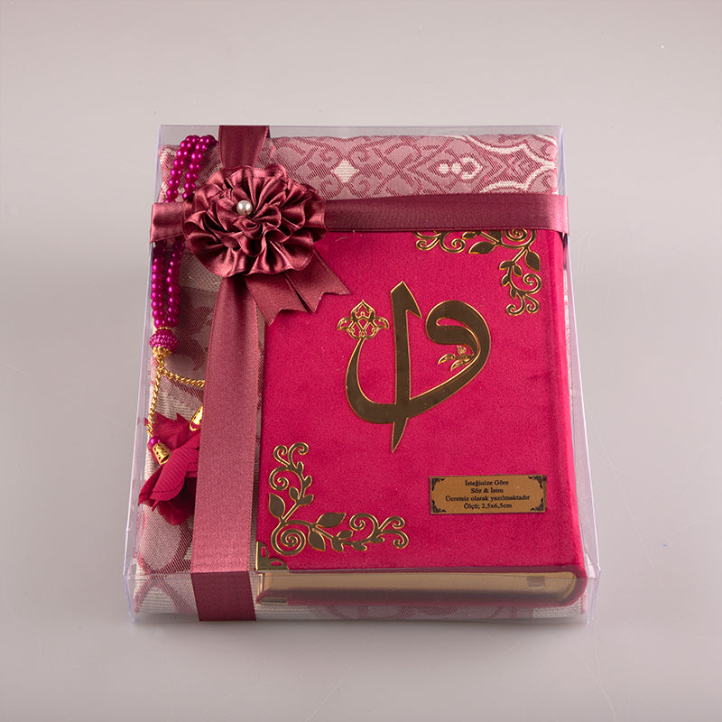 Asetat Kutulu Fuşya Pembe Kadife Kuran-ı Kerim Seti