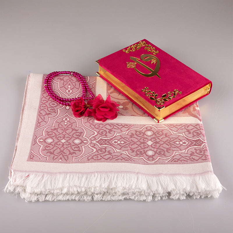 Asetat Kutulu Fuşya Pembe Kadife Kuran-ı Kerim Seti