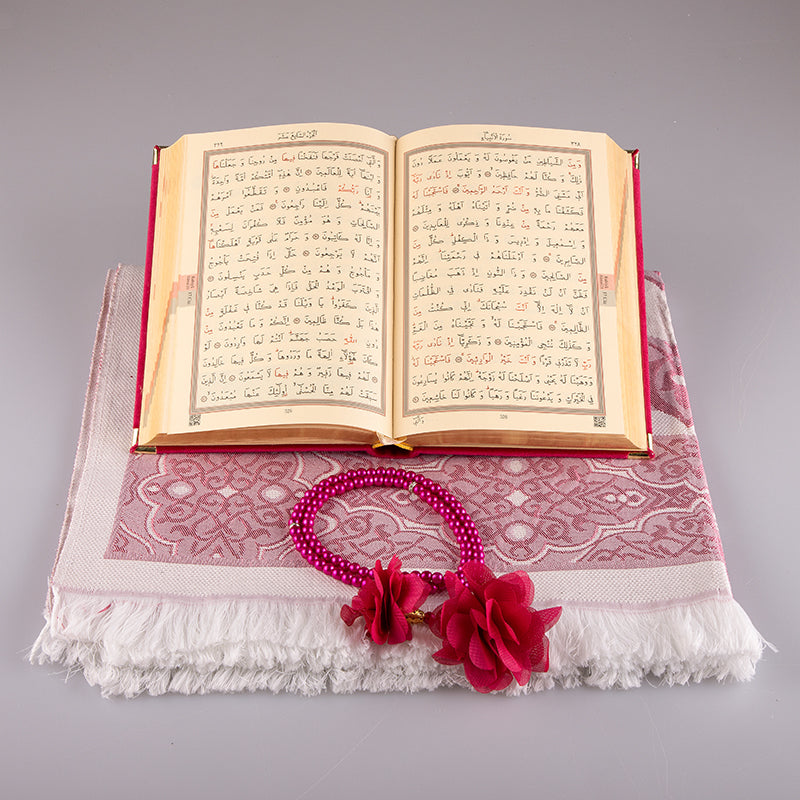 Asetat Kutulu Fuşya Pembe Kadife Kuran-ı Kerim Seti