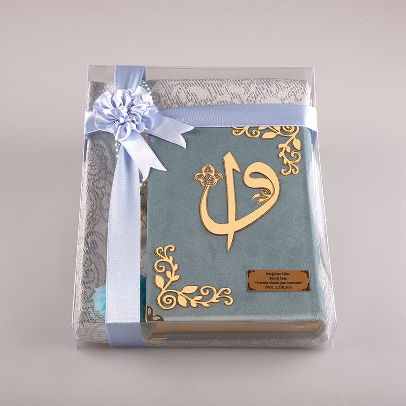 Asetat Kutulu Gökyüzü Mavi Kadife Kuran-ı Kerim Seti