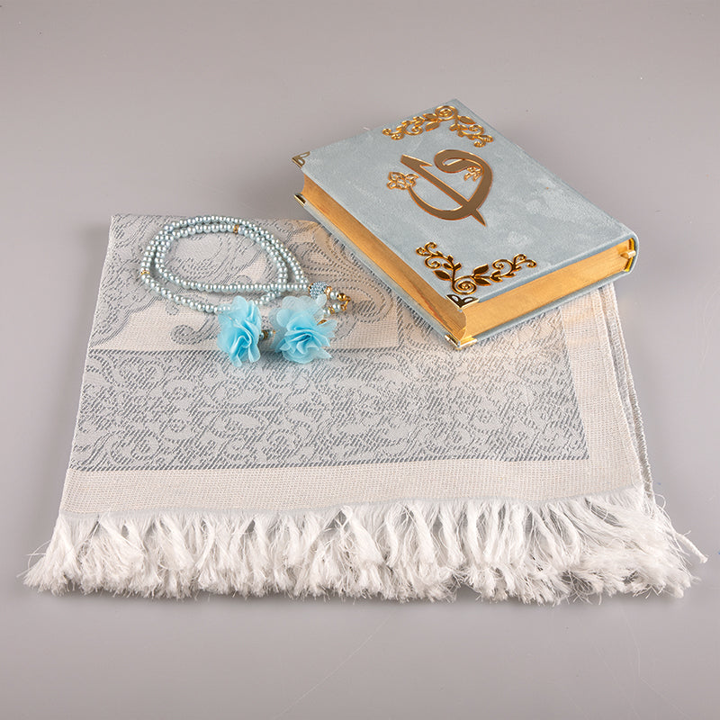 Asetat Kutulu Gökyüzü Mavi Kadife Kuran-ı Kerim Seti