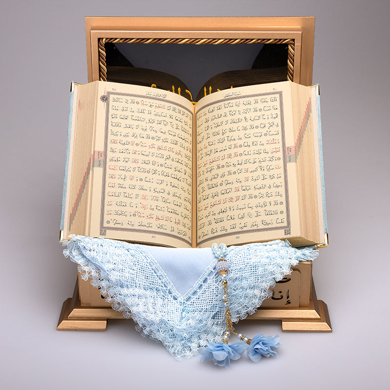 Ahşap Sandıklı Gökyüzü Mavi Kur’an-ı Kerim Seti