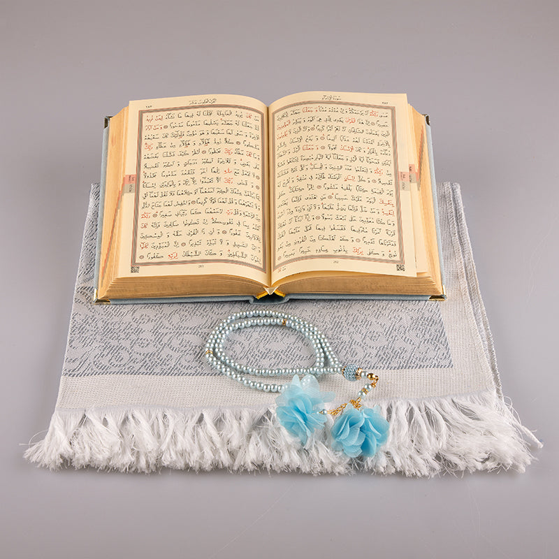 Asetat Kutulu Gökyüzü Mavi Kadife Kuran-ı Kerim Seti