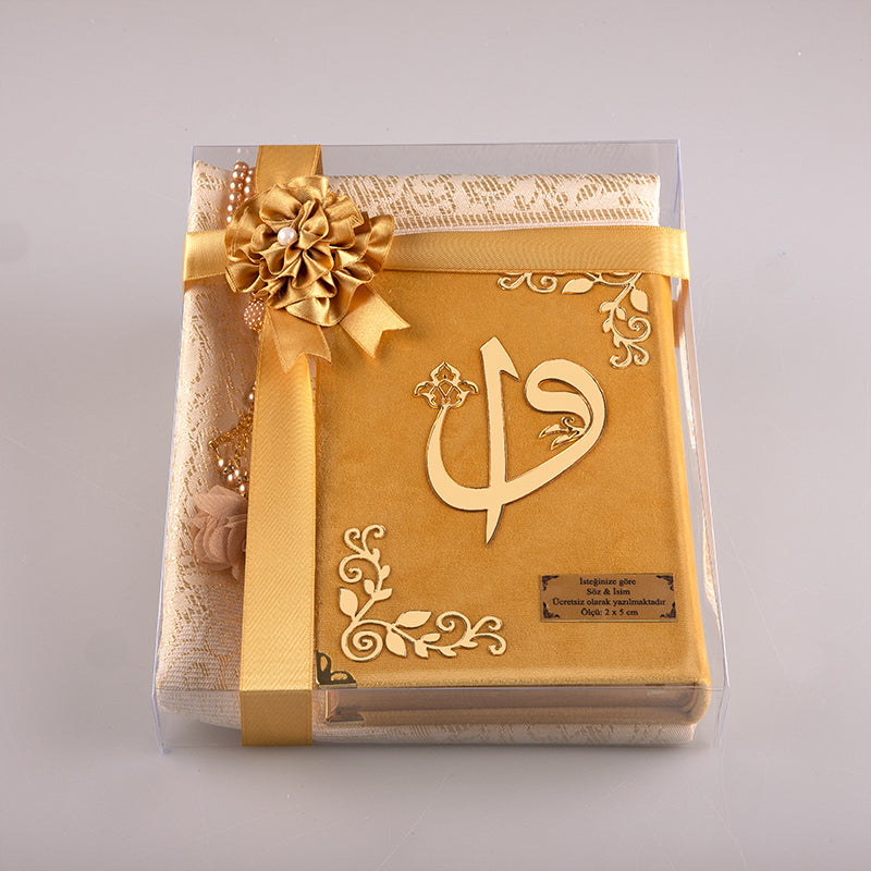 Asetat Kutulu Gold Kadife Kuran-ı Kerim Seti