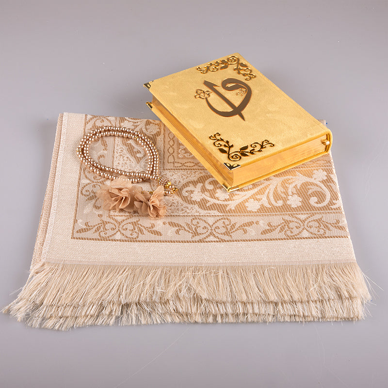 Asetat Kutulu Gold Kadife Kuran-ı Kerim Seti