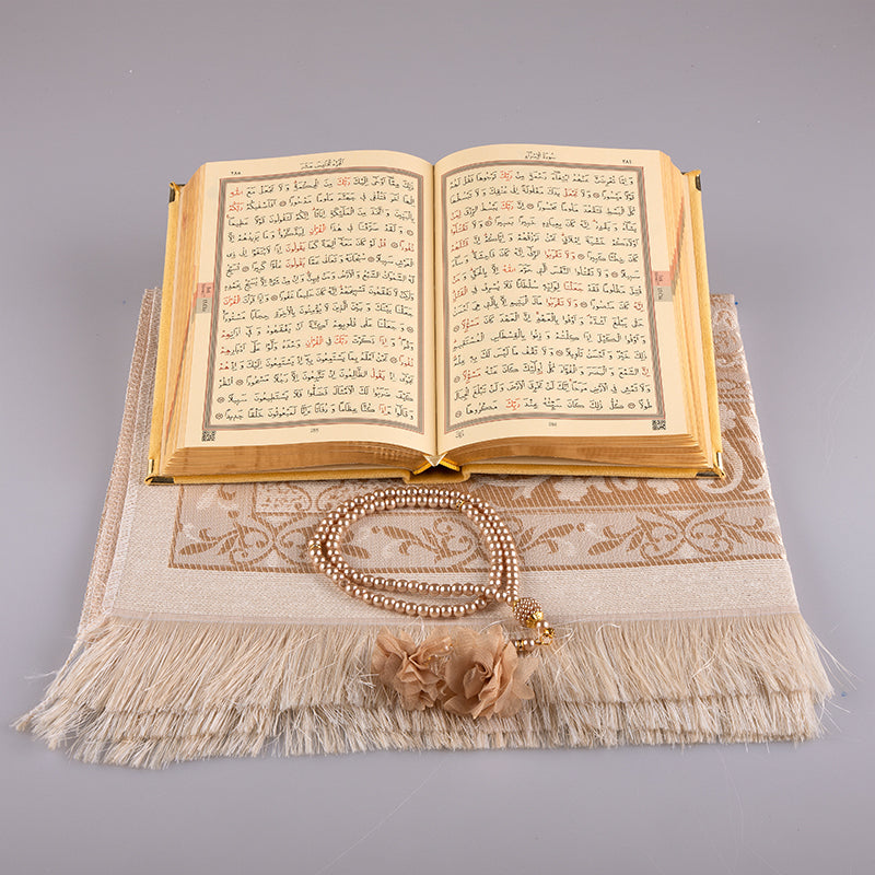 Asetat Kutulu Gold Kadife Kuran-ı Kerim Seti