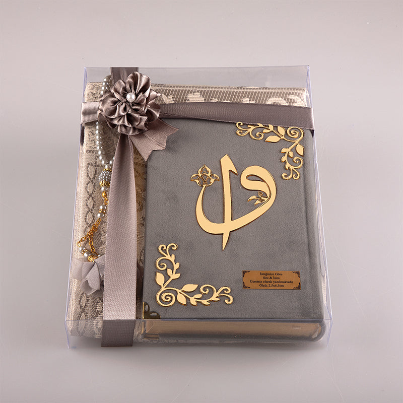 Asetat Kutulu Gri Kadife Kuran-ı Kerim Seti