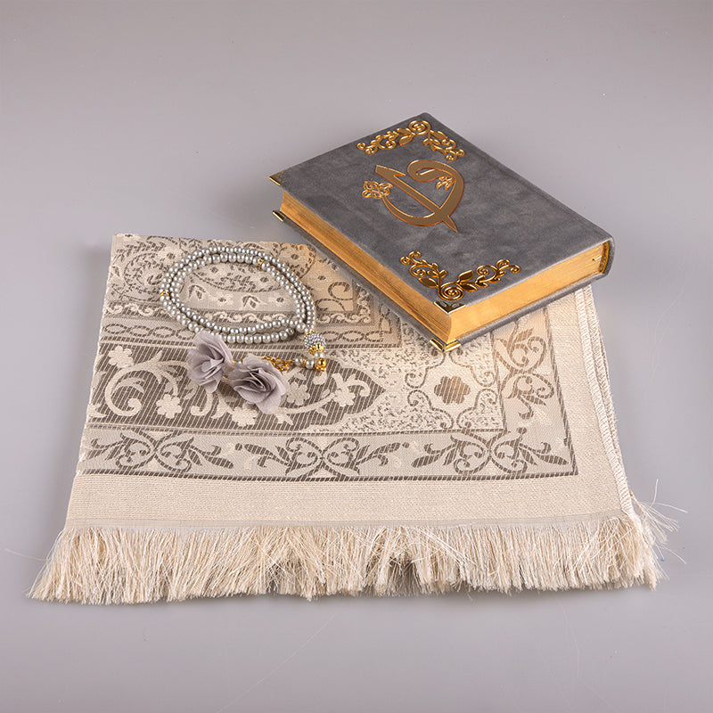 Asetat Kutulu Gri Kadife Kuran-ı Kerim Seti