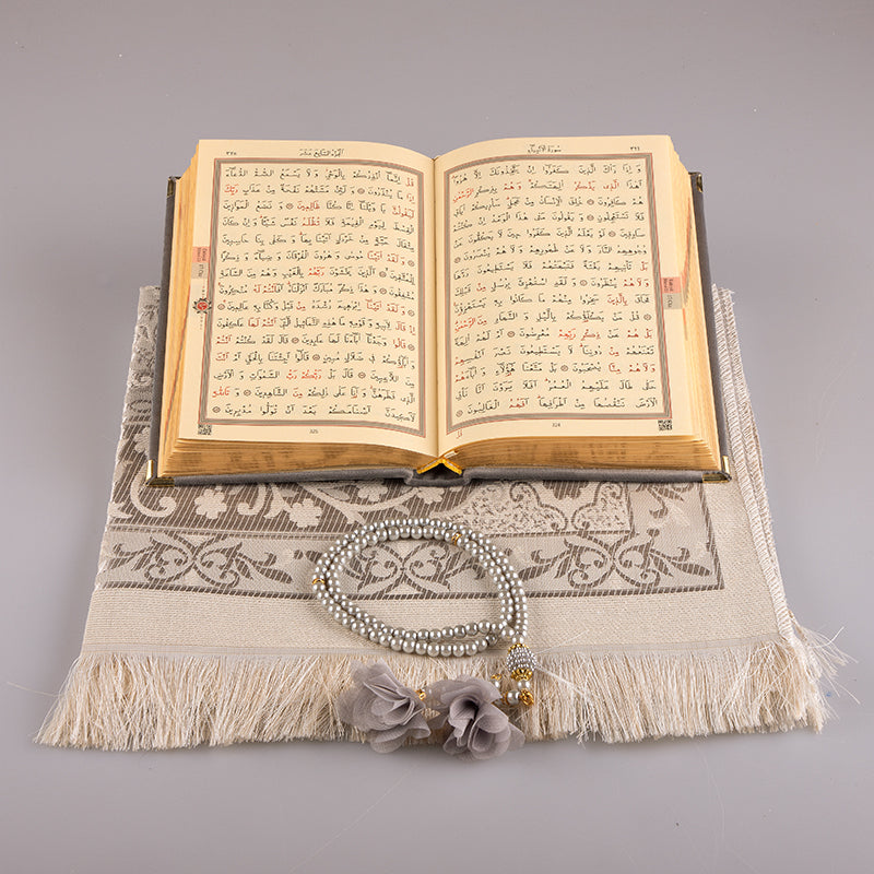Asetat Kutulu Gri Kadife Kuran-ı Kerim Seti