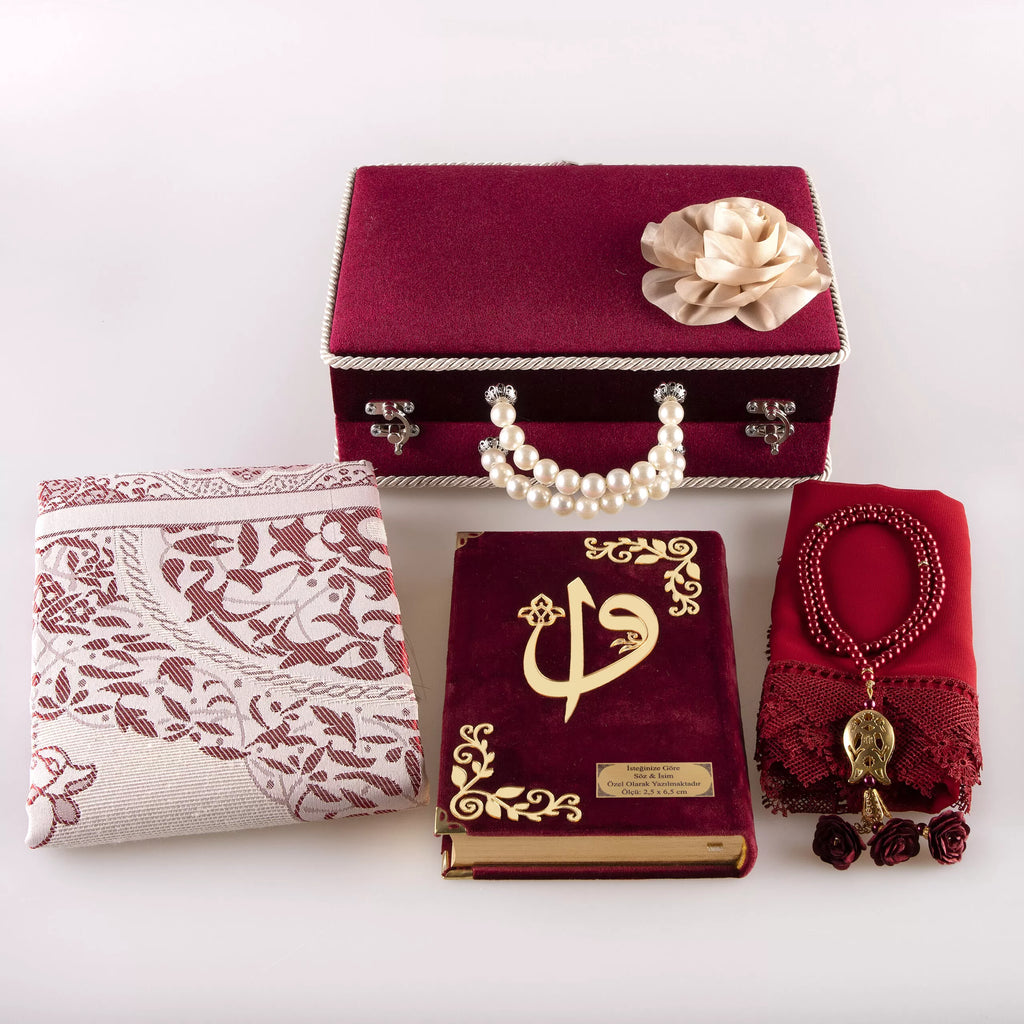 Çeyiz Seti (Kur’an + Seccade + Namaz Örtüsü + Tespih) Bordo