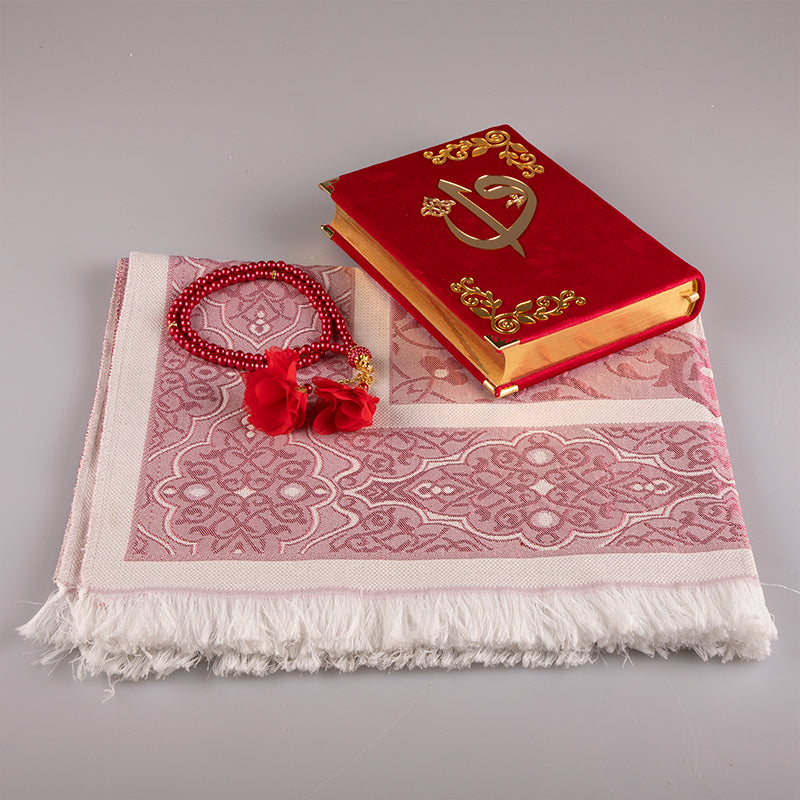 Asetat Kutulu Kırmızı Kadife Kuran-ı Kerim Seti