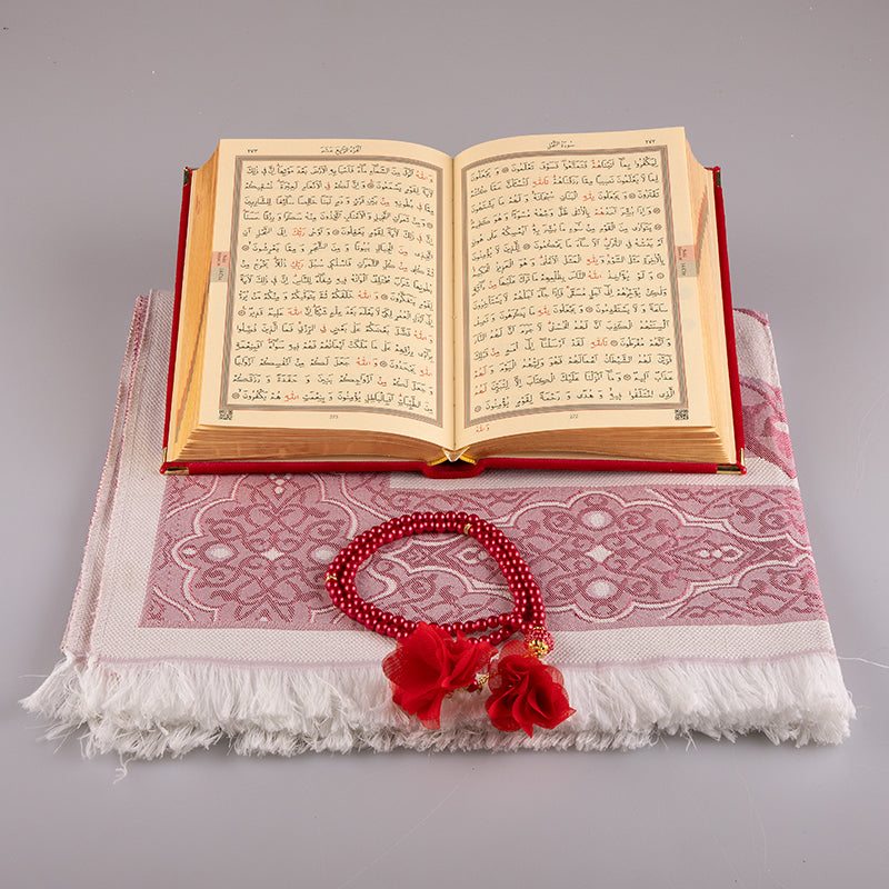 Asetat Kutulu Kırmızı Kadife Kuran-ı Kerim Seti