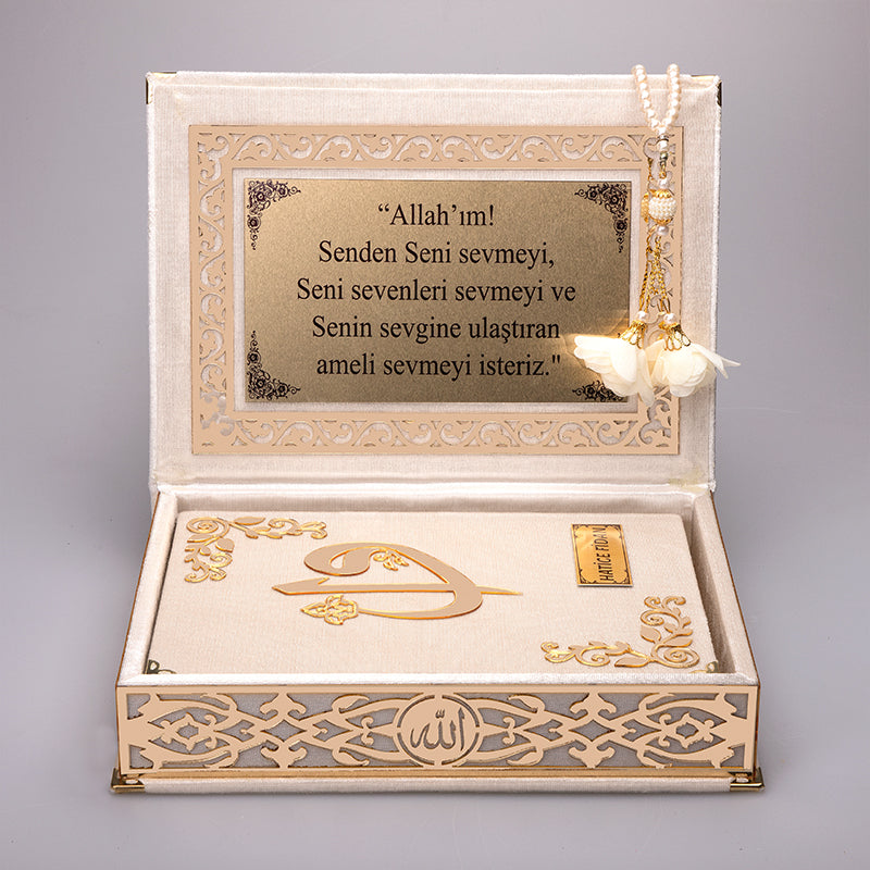Kadife Kutulu Krem Gold Süsleme Kur'an-ı Kerim