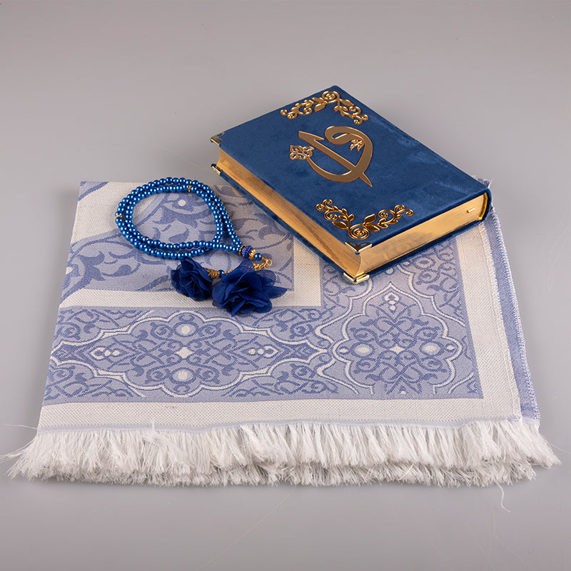 Asetat Kutulu Lacivert Kadife Kuran-ı Kerim Seti