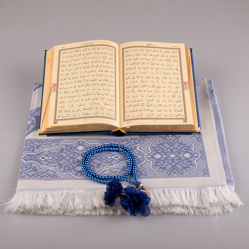 Asetat Kutulu Lacivert Kadife Kuran-ı Kerim Seti
