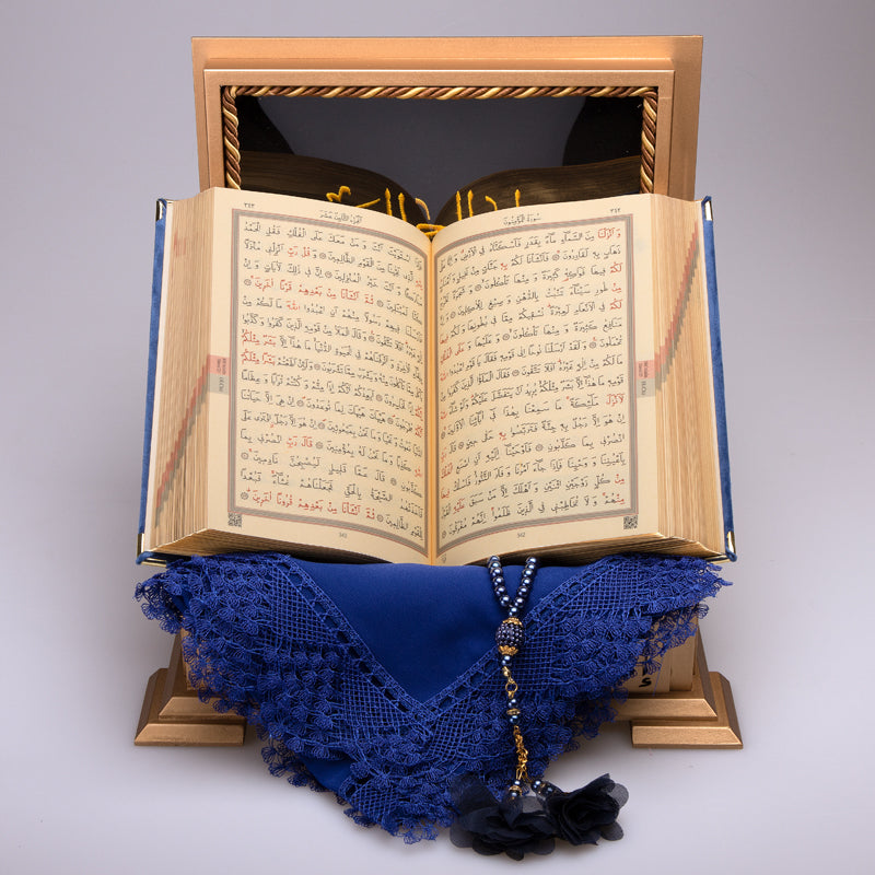 Ahşap Sandıklı Lacivert Kur’an-ı Kerim Seti