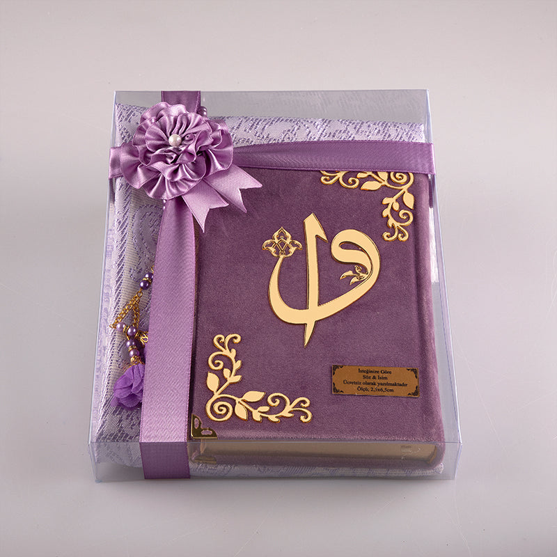 Asetat Kutulu Lila Kadife Kuran-ı Kerim Seti