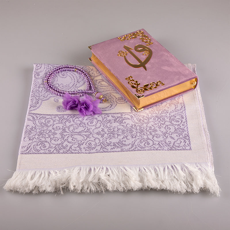 Asetat Kutulu Lila Kadife Kuran-ı Kerim Seti