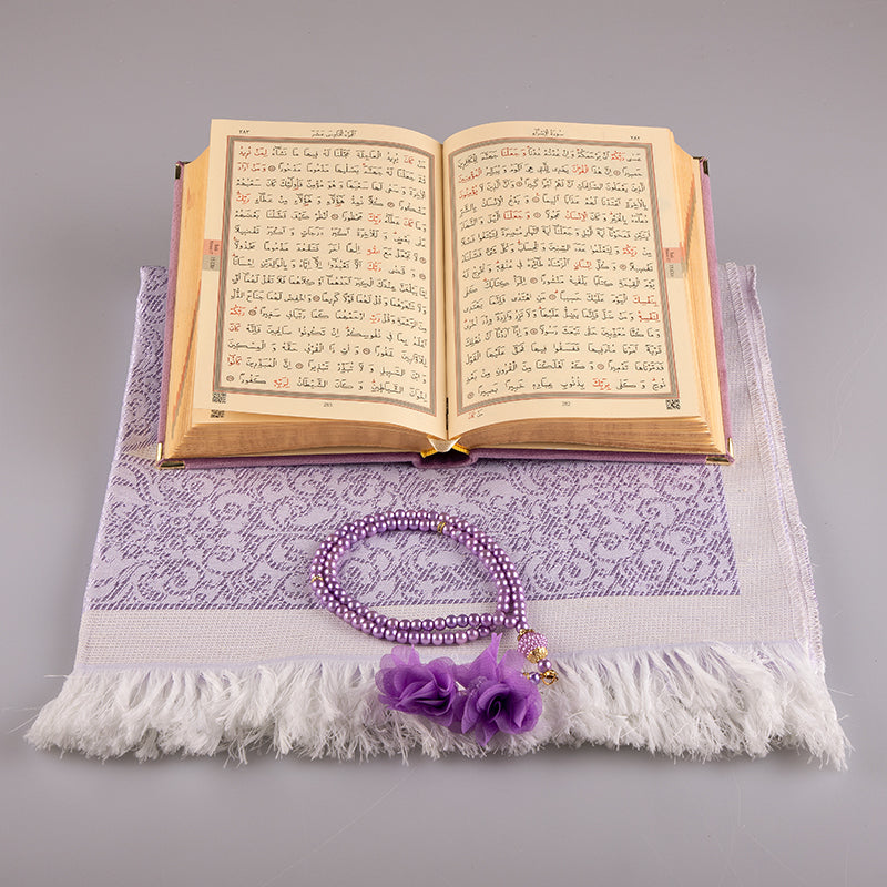 Asetat Kutulu Lila Kadife Kuran-ı Kerim Seti