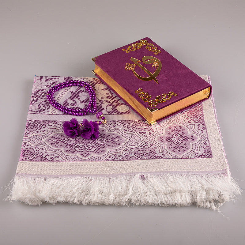 Asetat Kutulu Mor Kadife Kuran-ı Kerim Seti