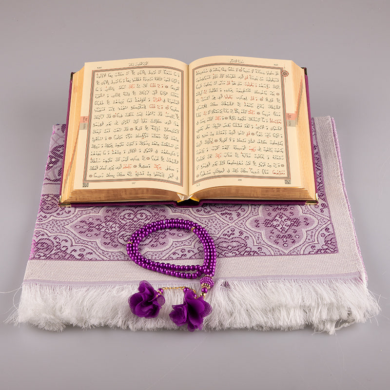 Asetat Kutulu Mor Kadife Kuran-ı Kerim Seti